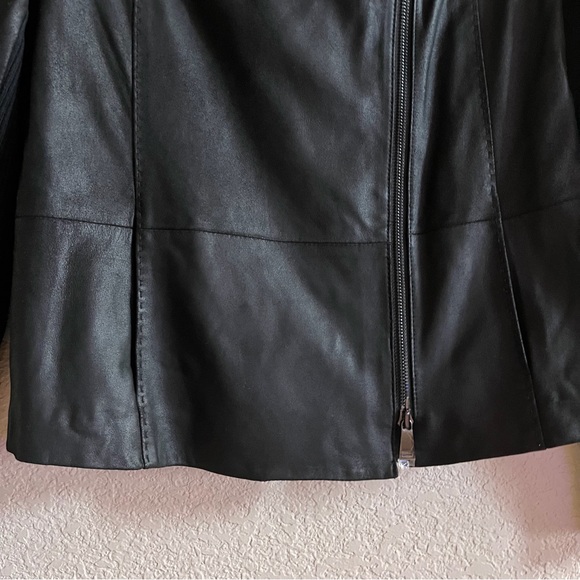 VINCE Size Large Goat Leather Moto Jacket Black wool knit panel Scuba neck NWOT - Picture 5 of 13